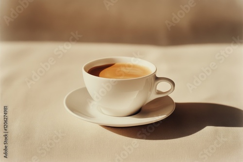Warm cup of coffee on a beige surface in soft morning light inviting relaxati...