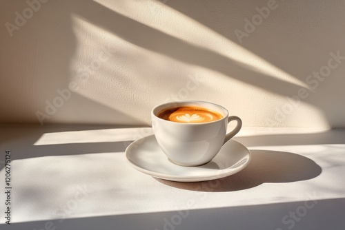 Warm cup of coffee on a beige surface in soft morning light inviting relaxati...