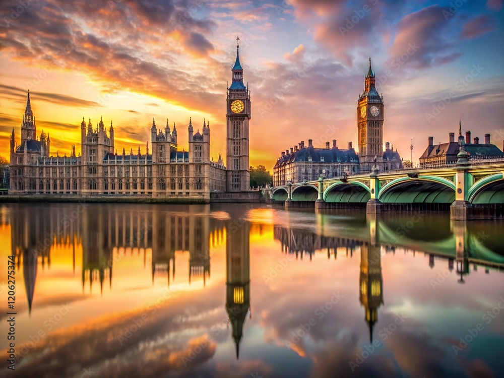 Fototapeta premium Minimalist London: Westminster Palace, Big Ben, Thames River Bridge