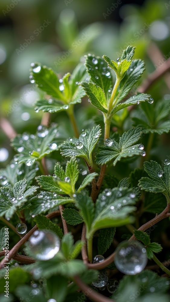 Close-up of dew-kissed green leaves in a lush garden setting Close-up of dew-kissed green leaves in a lush garden setting