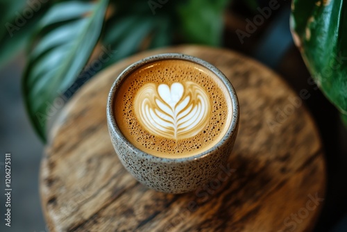 Coffee cup resting on rustic wooden table with decorative plant in a cozy set...