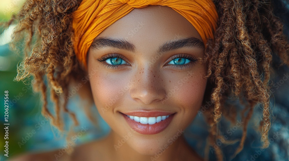 Portrait of a smiling woman with natural curls and vibrant eyes Portrait of a smiling woman with natural curls and vibrant eyes