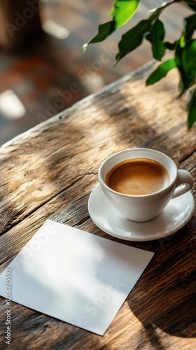 Warm cup of coffee on rustic wooden table with empty notepad and sunlight fil...