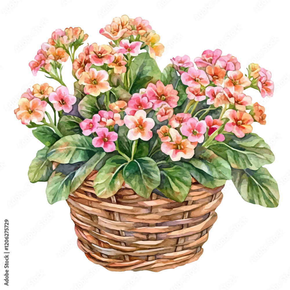 A watercolor of a kalanchoe bouquet in a basket, isolated on a white background. Bouquet vector.
A watercolor of a kalanchoe bouquet in a basket, isolated on a white background. Bouquet vector.
