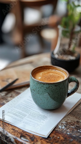 Warm cup of coffee on rustic wooden table with empty notepad and sunlight fil...
