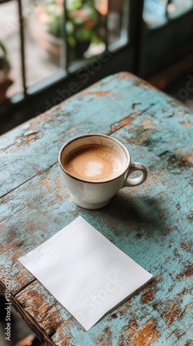 Warm cup of coffee on rustic wooden table with empty notepad and sunlight fil...