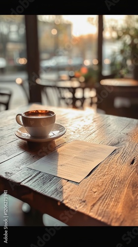 Warm cup of coffee on rustic wooden table with empty notepad and sunlight fil...