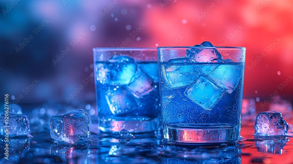 Refreshing chilled beverages in clear glasses with vibrant blue liquid and ice cubes on a reflective surface, against a lively red-blue blurred background. Refreshing chilled beverages in clear glasses with vibrant blue liquid and ice cubes on a reflective surface, against a lively red-blue blurred background.