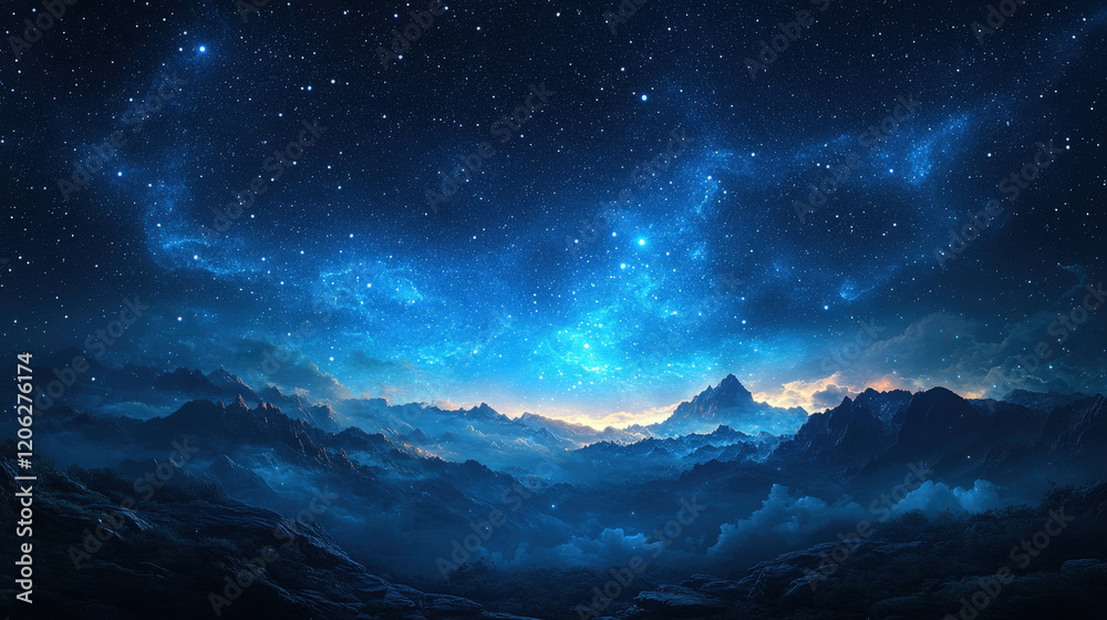 Starlit sky over majestic mountains during twilight with clouds and shimmering stars illuminating the landscape Starlit sky over majestic mountains during twilight with clouds and shimmering stars illuminating the landscape