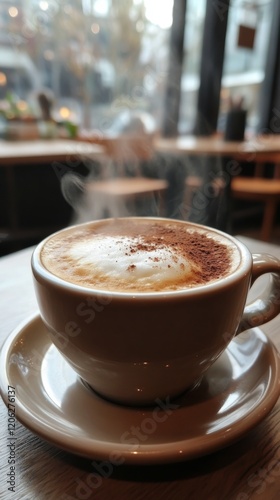 Warm cup of coffee with steam rising in a cozy cafe during a rainy afternoon