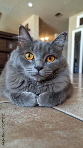 Gray cat with striking amber eyes relaxing indoors on tiled floor