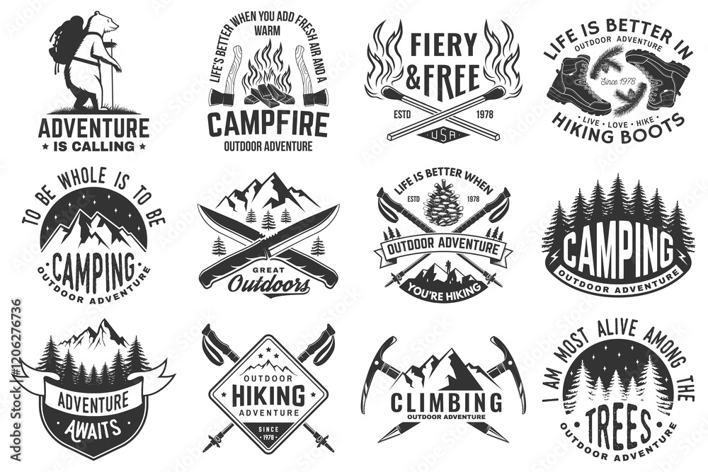 Obraz premium Set of hiking, climbing and camping related typographic quote. Vector. Concept for shirt or logo, print, stamp, sticker. Design with forest, mountains, hiker, axe and campfire