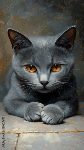 Gray cat with striking amber eyes relaxing indoors on tiled floor