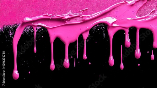   A dripping pink paint splash adorns a black and pink wall adjacent to a monochromatic black and white wall, both featuring pink paint