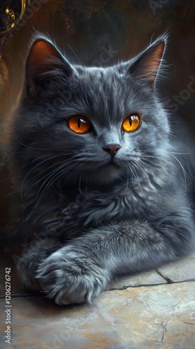 Gray cat with striking amber eyes relaxing indoors on tiled floor