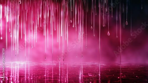   A group of raindrops hang on the pink-black wall beside a water body photo