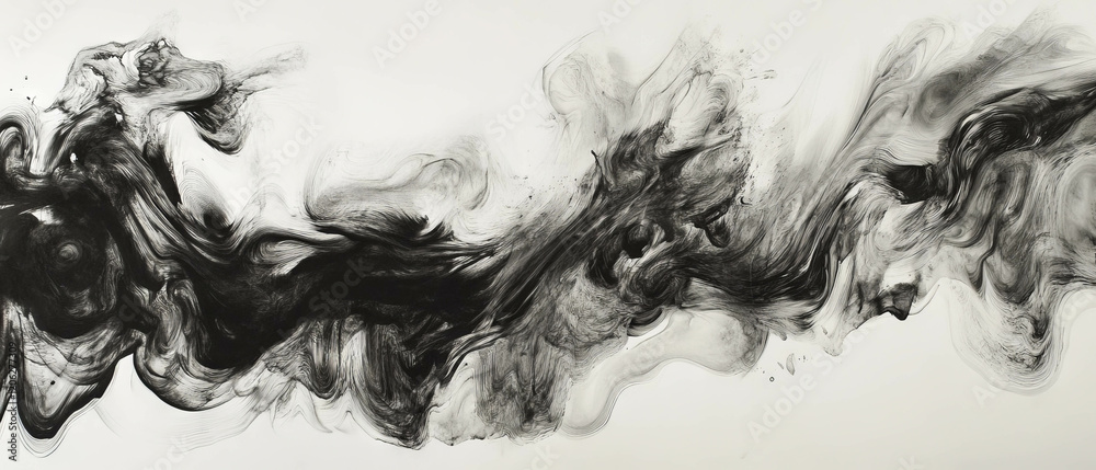 Fototapeta premium Black ink and water blend on white paper creating textured patterns and effects