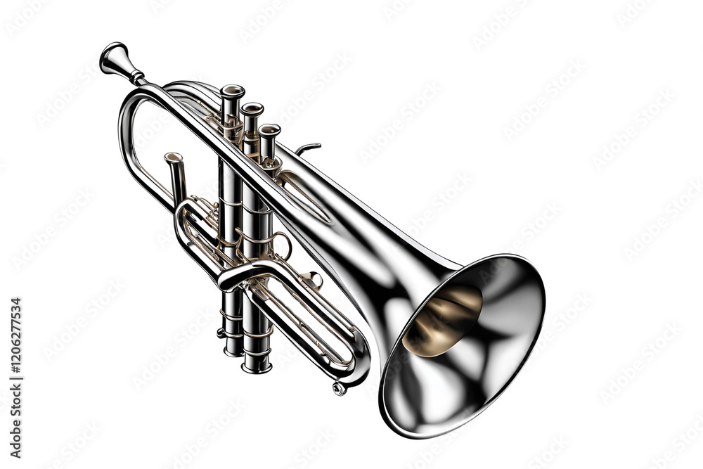 Obraz premium Polished Silver Trumpet Isolated on a Pure White Background, Perfect for Music-Related Projects and Designs