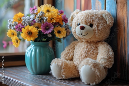 Soft teddy bear sitting beside a vase of bright flowers on a sunny windowsill