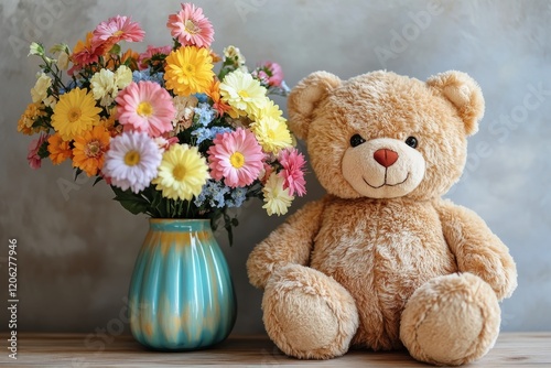Soft teddy bear sitting beside a vase of bright flowers on a sunny windowsill