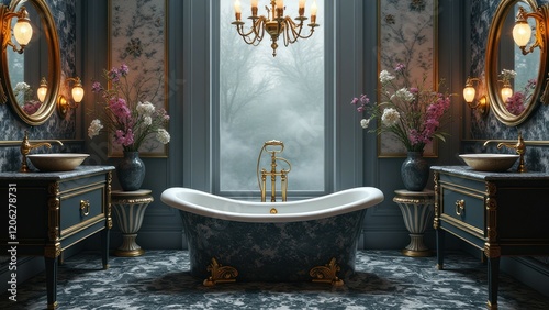 Luxurious victorian bathroom with elegant freestanding bathtub and vintage decor