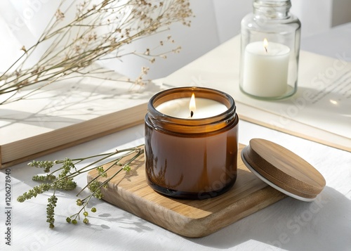 Warm ambiance created by a handcrafted candle placed on a wooden tray accompanied by dried flowers and a second candle on a blurred background photo