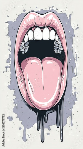   A painting of a mouth with a single droplet of paint hanging from the lower lip and the lower half of both lips photo