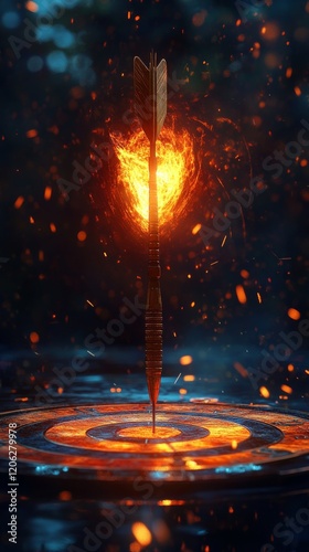 Dart striking the bullseye with glowing lights in a dramatic setting