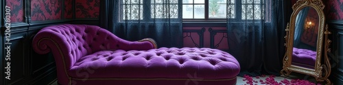 Elegant victorian lounge with purple chaise and ornate mirror in luxurious room