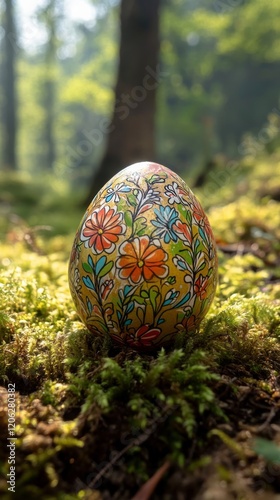 Colorful hand-painted egg resting on moss in a serene outdoor setting during ...