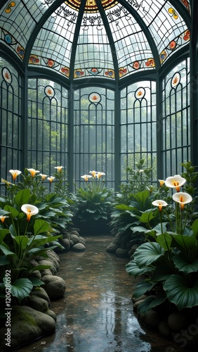 Peaceful conservatory with elegant calla lilies and stained glass windows