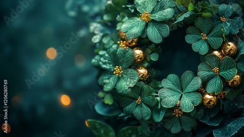 Wreath adorned with green leaves and golden ornaments for festive celebration