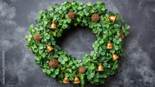 Wreath adorned with green leaves and golden ornaments for festive celebration