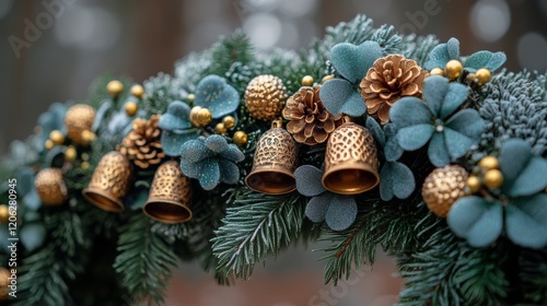 Wreath adorned with green leaves and golden ornaments for festive celebration