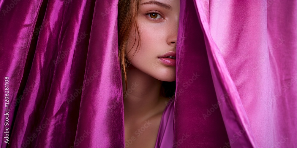 A close-up portrait of a woman partially hidden behind silky pink curtains. The soft fabric creates a dreamy atmosphere. Ideal for fashion, beauty, and artistic photography. AI A close-up portrait of a woman partially hidden behind silky pink curtains. The soft fabric creates a dreamy atmosphere. Ideal for fashion, beauty, and artistic photography. AI