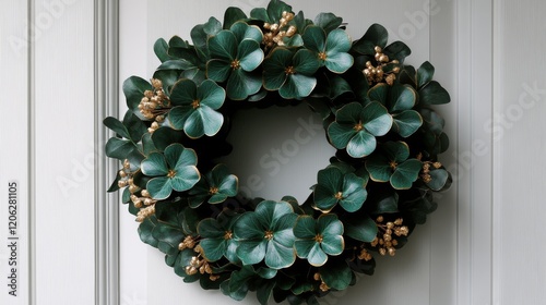 Elegant green floral wreath adorns a white door for a fresh home welcome