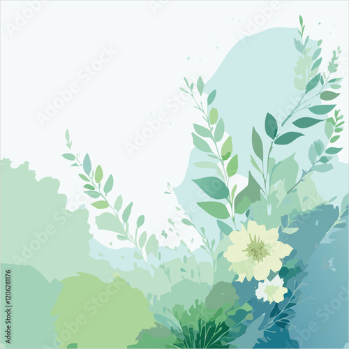 Abstract vector art floral background vector, wallpaper with watercolor, leaf framed, flower, vivid foliage, aquarelle frame, in green and blue, summer colors.