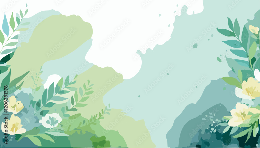 Obraz premium Abstract vector art floral background vector, wallpaper with watercolor, leaf framed, flower, vivid foliage, aquarelle frame, in green and blue, summer colors.