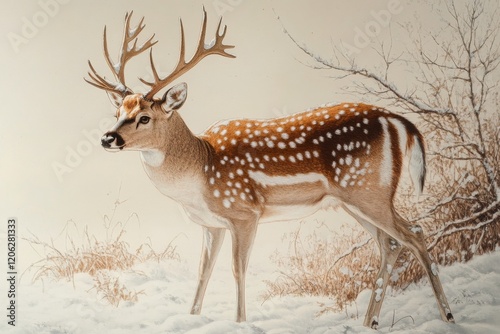 Majestic deer stands gracefully in a snow-covered landscape with delicate sno...