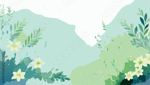Abstract vector art floral background vector, wallpaper with watercolor, leaf framed, flower, vivid foliage, aquarelle frame, in green and blue, summer colors.
