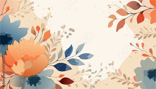 Abstract vector art floral background vector, wallpaper with watercolor, leaf framed, flower, vivid foliage, aquarelle frame, in autumn colors, with beige, brown and orange details.