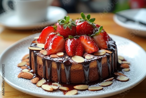 Delicious strawberry chocolate cake with almond toppings served in a cozy caf...