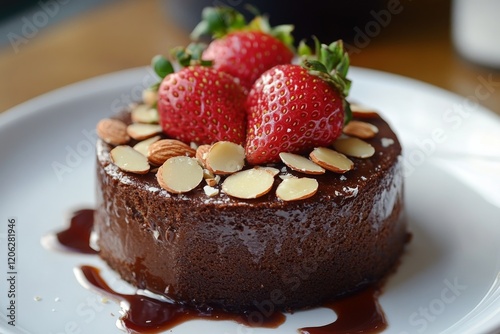 Delicious strawberry chocolate cake with almond toppings served in a cozy caf...