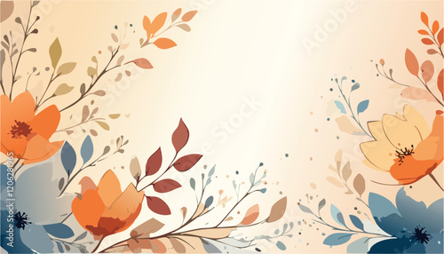Abstract vector art floral background vector, wallpaper with watercolor, leaf framed, flower, vivid foliage, aquarelle frame, in autumn colors, with beige, brown and orange details.