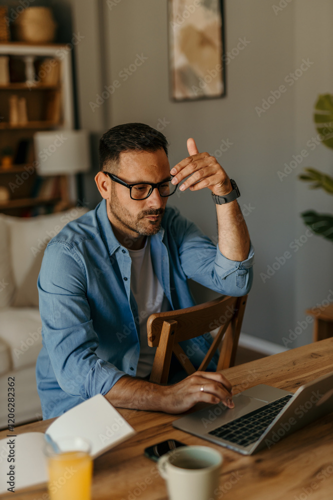 Professional man multitasking with a laptop and documents in a contemporary home setting Professional man multitasking with a laptop and documents in a contemporary home setting