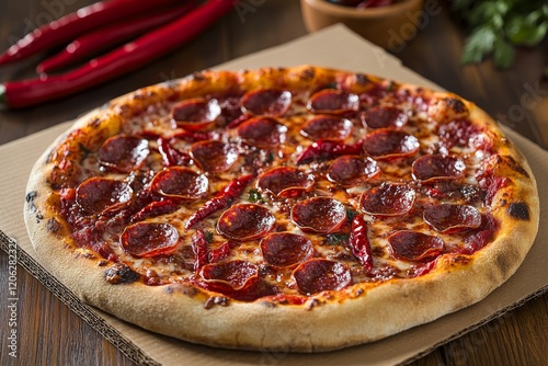 Delicious pepperoni pizza topped with red chili peppers served on a wooden table