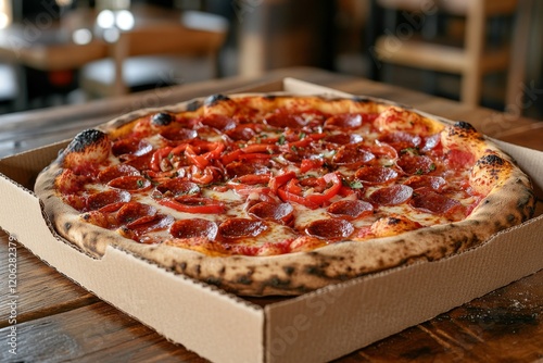 Delicious pepperoni pizza topped with red chili peppers served on a wooden table