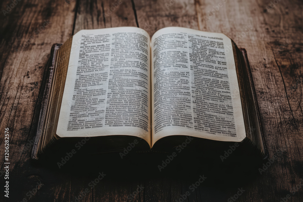 Ancient open book rests on a wooden table displaying pages with detailed text against a rustic backdrop Ancient open book rests on a wooden table displaying pages with detailed text against a rustic backdrop