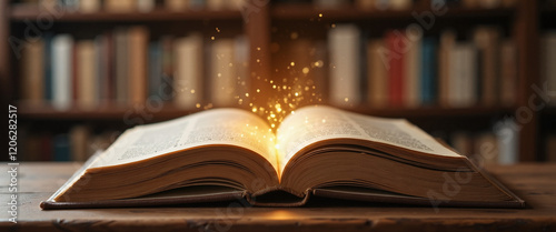 A glowing open book emits magical sparks on a rustic wooden table, surrounded by a blurred library background full of books, representing knowledge and hidden connections