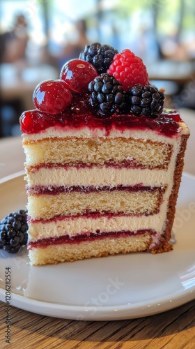 Delightful slice of layered cake topped with fresh berries in a bright cafe s...